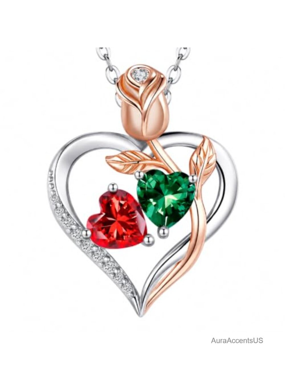 18K White Gold Plated Heart Birthstone Pendant Necklace 17+5" Chain